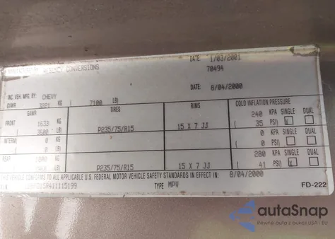 2001 Chevrolet Express Upfitter z USA, uszkodzony, nr VIN 1GBFG15R411115199